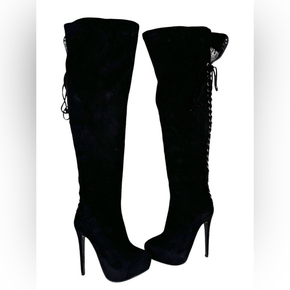 Steve Madden Ladysnte Lace Up Thigh High Boots Platform Black Faux Suede SZ 6.5 - Picture 10 of 16